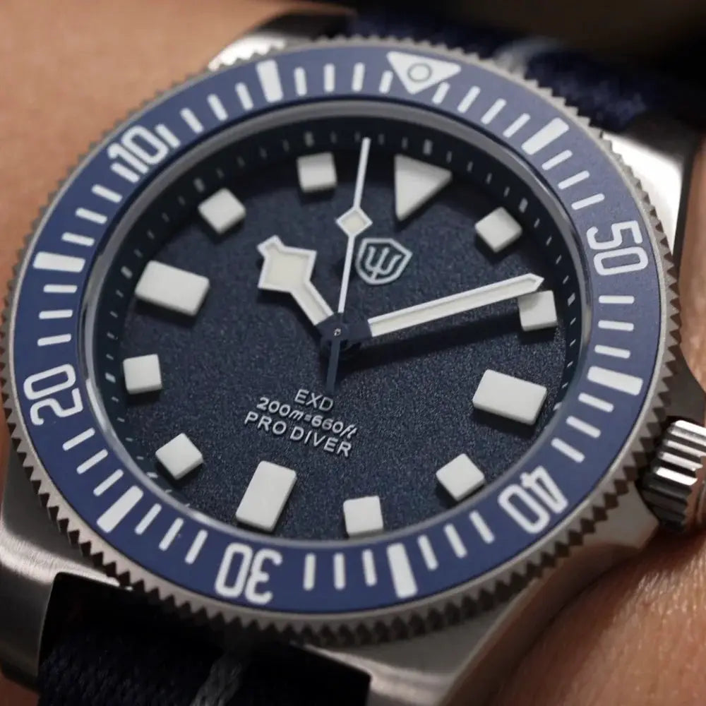 Watchdives EXD 40mm titanium dive watch for men with blue dial and blue bezel with luminous markers