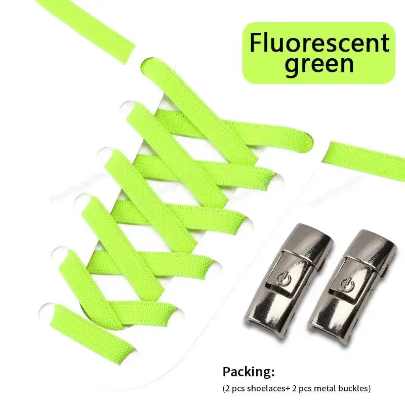 Elastic shoelaces by Simples Market in fluorescent green; press-lock no-tie, flat 8mm, includes 2 laces and 2 buckles