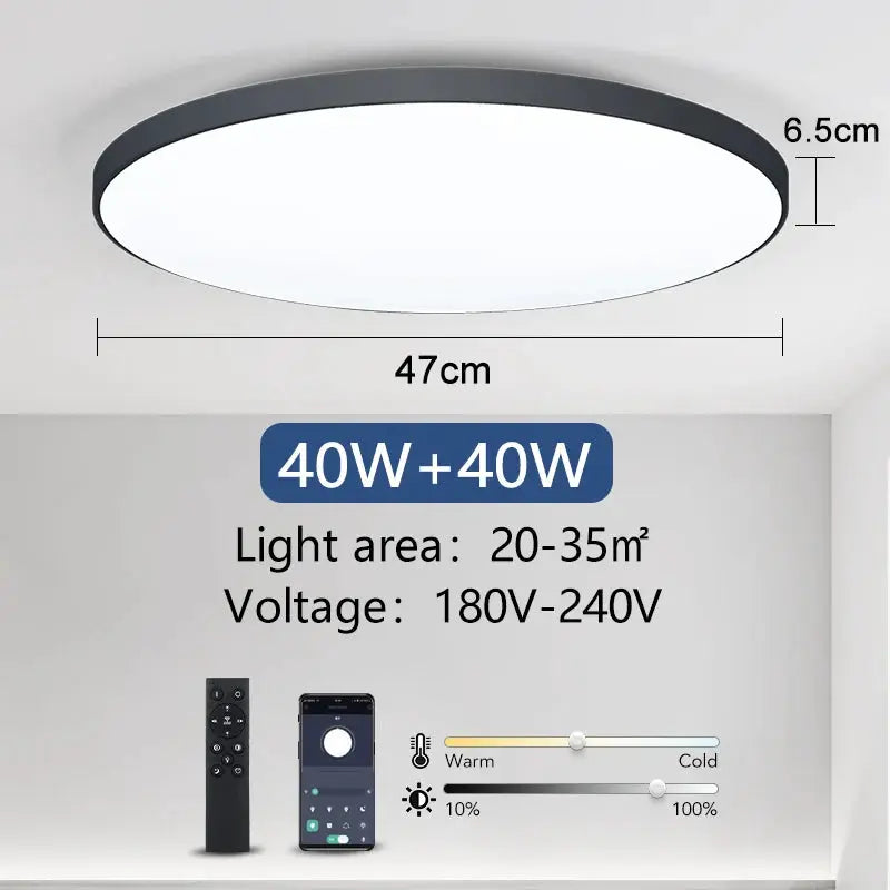 Simples Market MARPOU round ceiling lamp with white diffuser and dark frame, 47cm dia, 6.5cm height, 80W total, remote dimmable