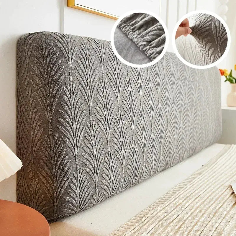 Bed headboard cover Simples Market, gray jacquard with leaf pattern, elastic backrest slipcover