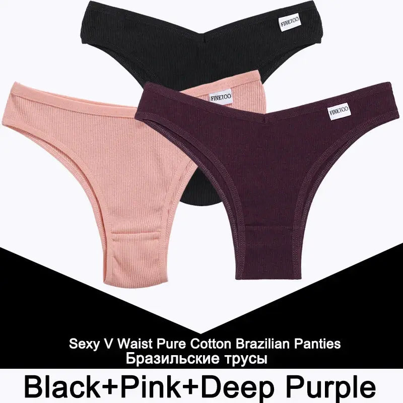 Panties three-pack Finetoo cotton for women in black, pink, and deep purple; Brazilian-style low-rise briefs.