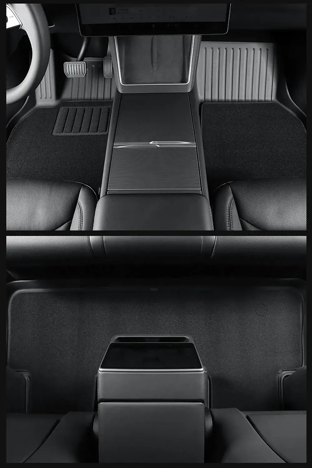 Simples Market floor mats with door sill protection for Tesla Model Y; all-weather cargo liner and trunk backrest pad.