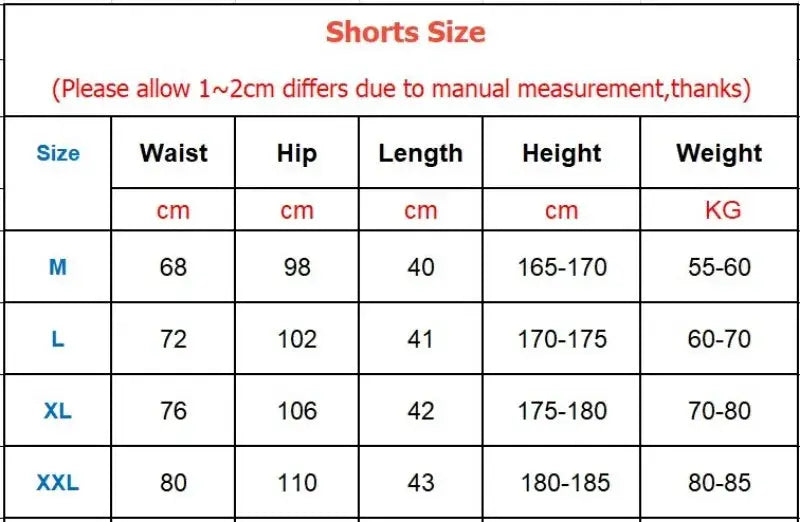 Men's shorts size chart showing waist, hip, length, height and weight ranges for M to XXL.