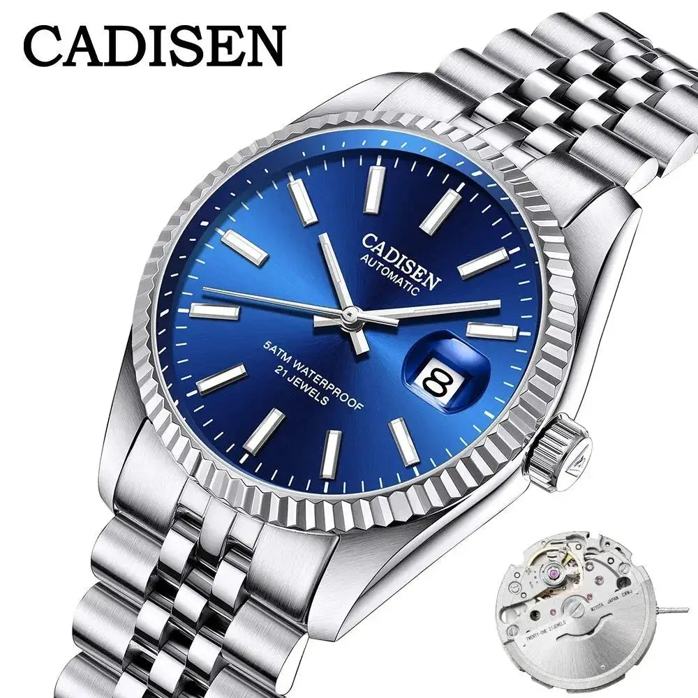 CADISEN men's automatic wristwatch with blue dial and stainless steel bracelet