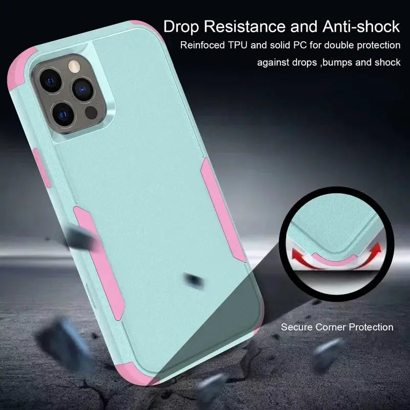 3-Layer Shockproof iPhone case in teal with pink corner accents and secure corner protection by Simples Market