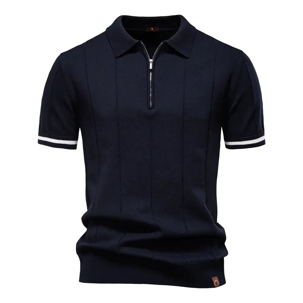 Simples Market AIOPESON navy men's zip polo shirt with white stripe short sleeves