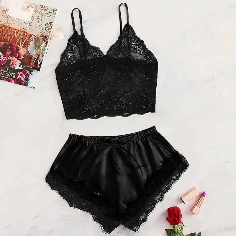 Brand 2025 Summer 2 Piece Lace See Through Pajama Set With Suspender Shorts Lightweight Breathable Polyester