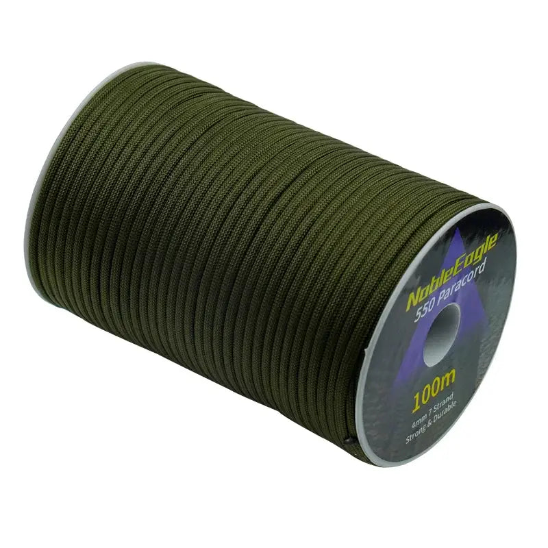 Military 550 paracord rope spool in olive green, 4mm, 7-strand, 100m length