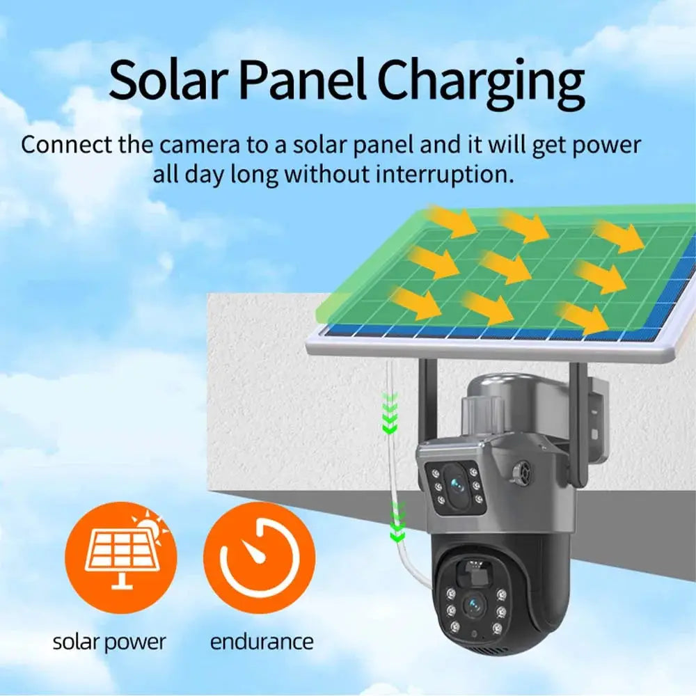 Outdoor wireless solar CCTV camera with solar panel, 8MP 4K, dual-lens PTZ, WiFi security camera