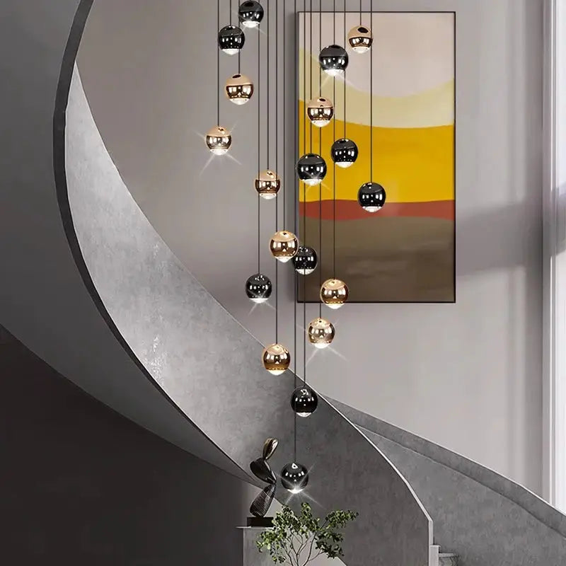 Simples Market modern ring LED pendant light with gold and black hanging orb bulbs for living room.