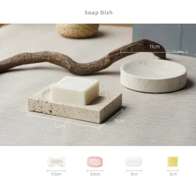 Simples Market 3-piece travertine bathroom set with soap on rectangular vanity tray, circular dish and reed diffuser.
