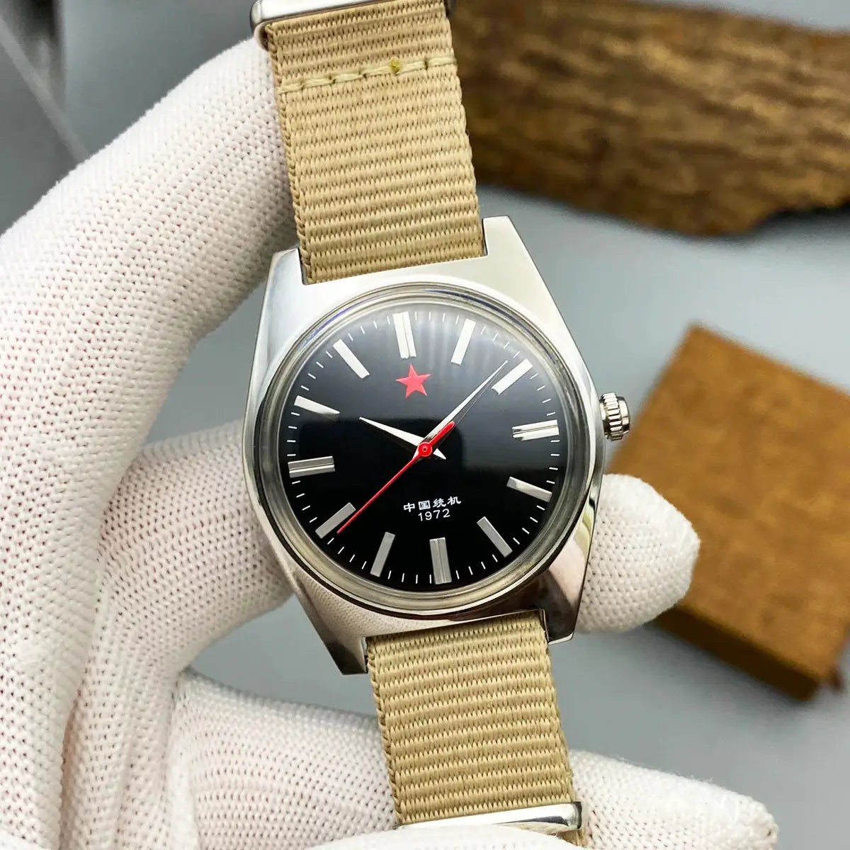 Mens mechanical watch Shanghai 8120 with black dial, red star, white baton markers, 36mm case, beige nylon strap
