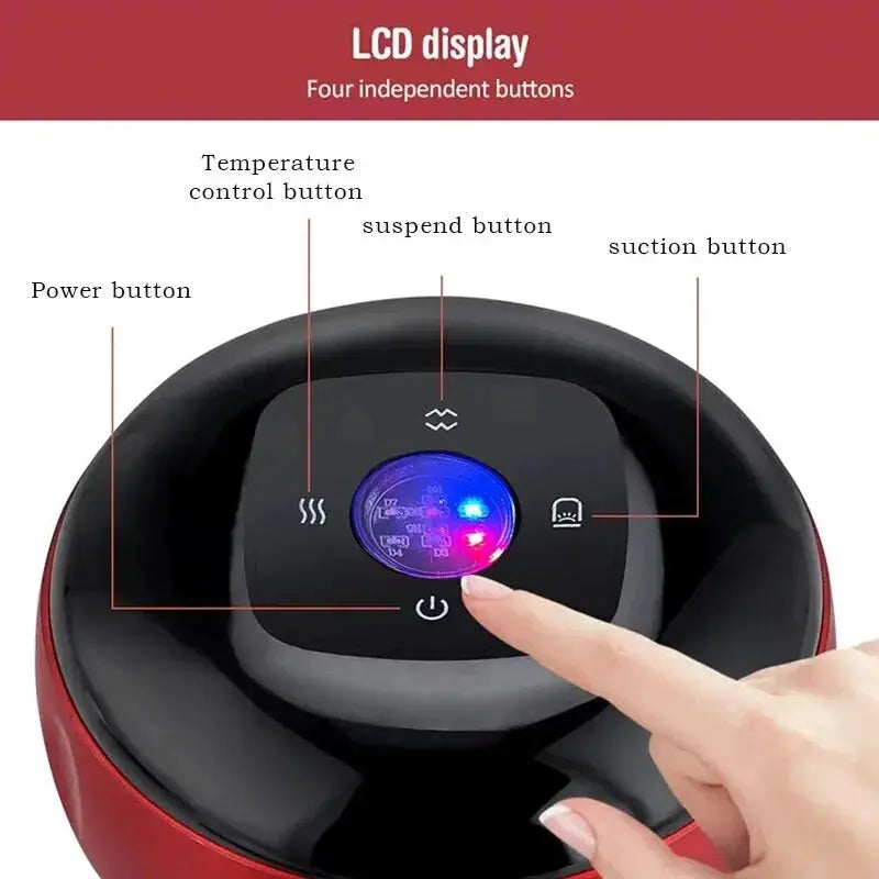 Plug-In Smart Vacuum Cupping Massager by Simples Market; red and black body with LCD display and blue LED indicators.