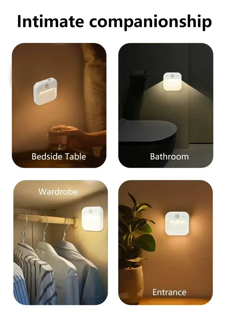 Motion sensor LED night light by Simples Market, 4-pack, rechargeable magnet, white square lamp for bedroom hallway