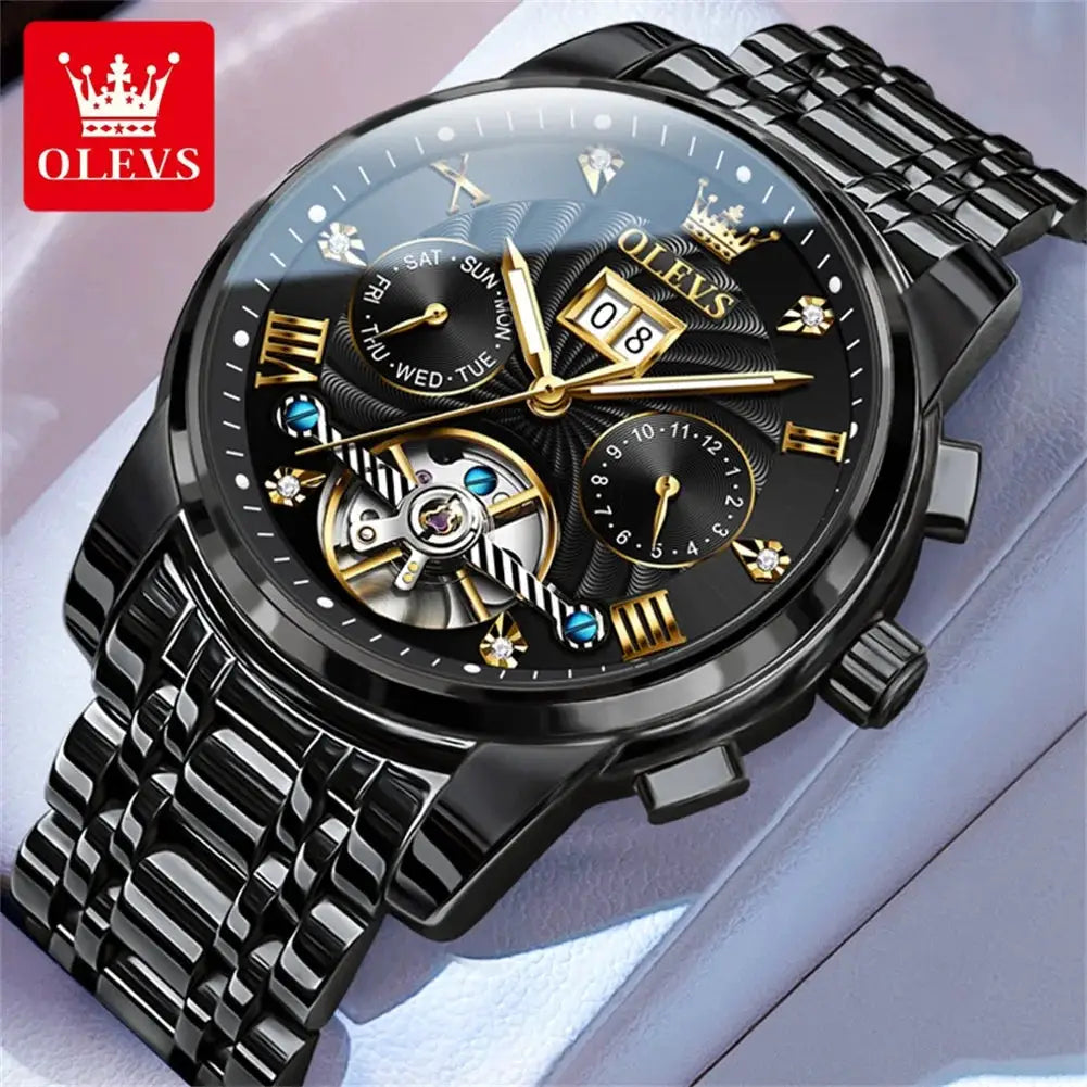 OLEVS men's tourbillon watch, black stainless steel bracelet, gold-tone dial, multi-function full-automatic