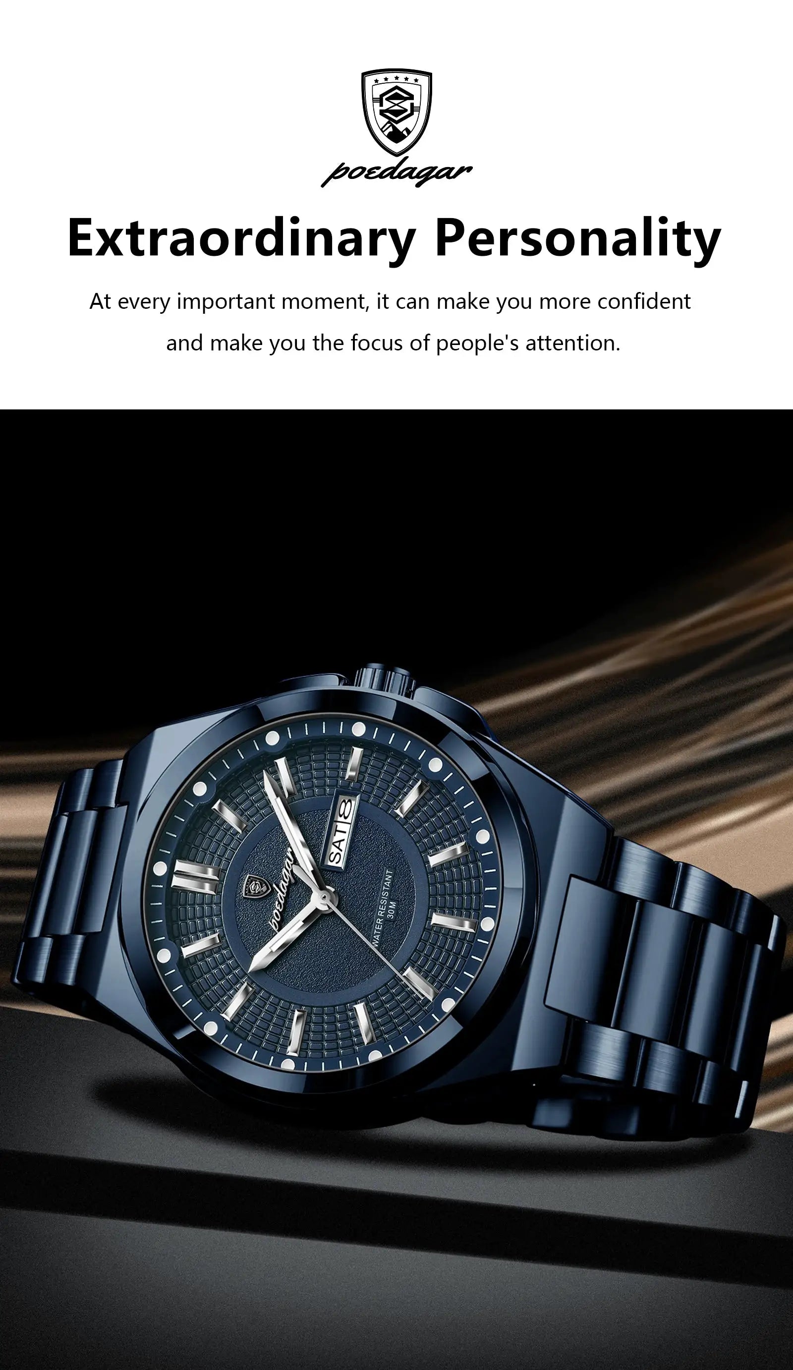 POEDAGAR blue stainless steel men's wristwatch with date window and luminous hands