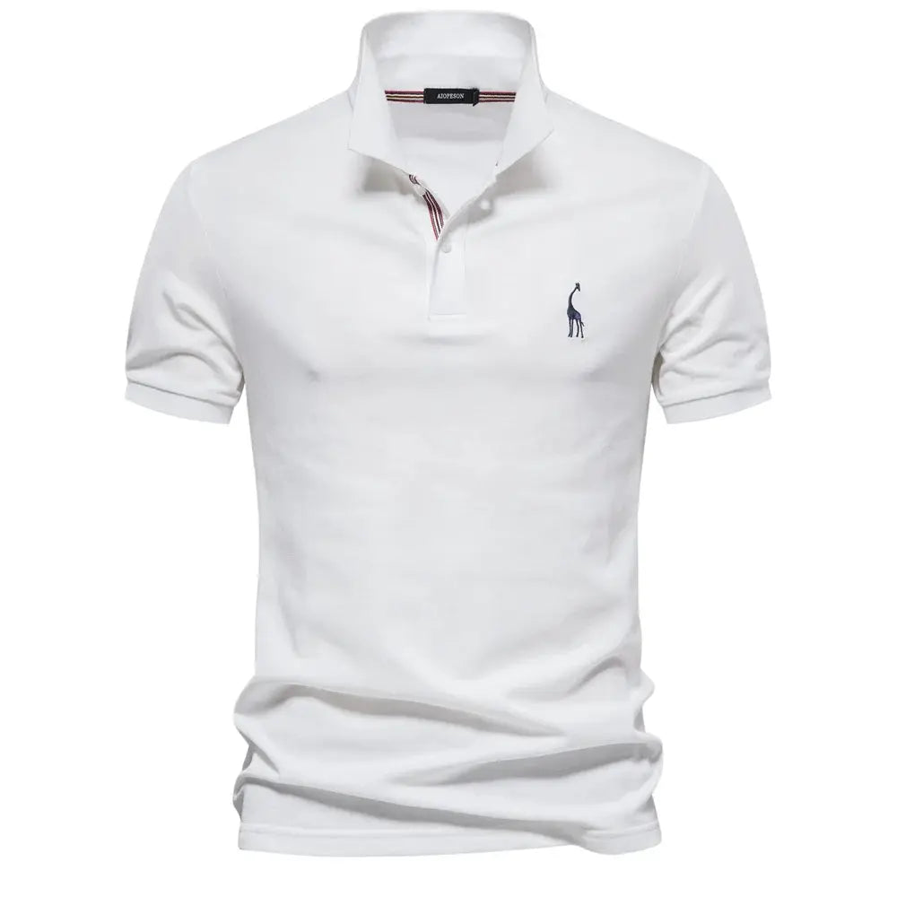 Solid white cotton men's polo shirt with short sleeves, navy chest logo, red striped placket.