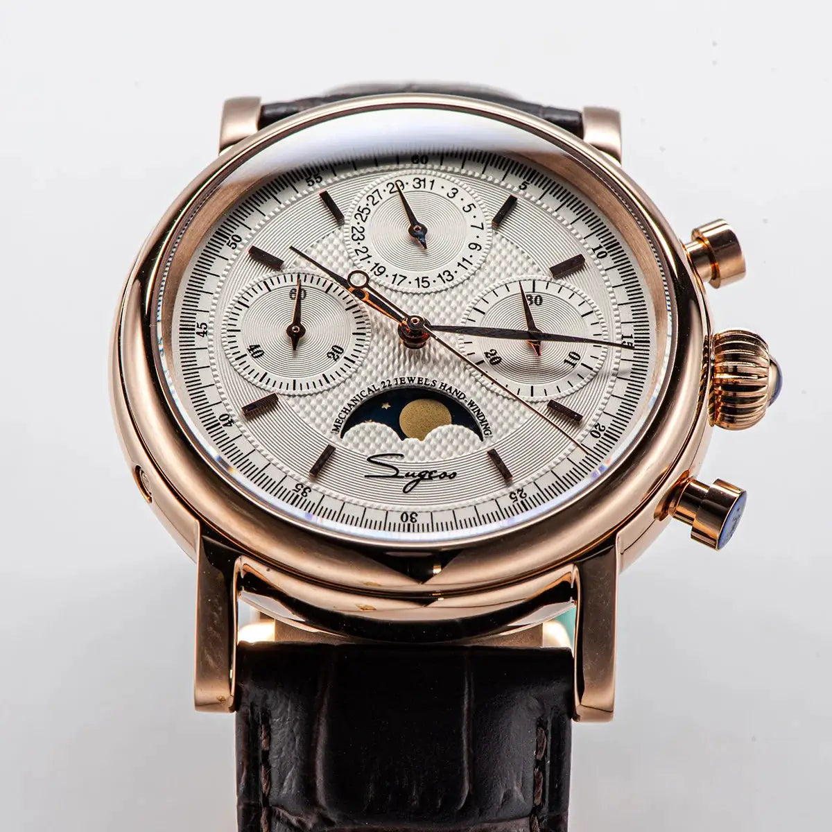 Sugess ST1908 men's mechanical chronograph watch with moonphase, rose-gold case and black leather strap