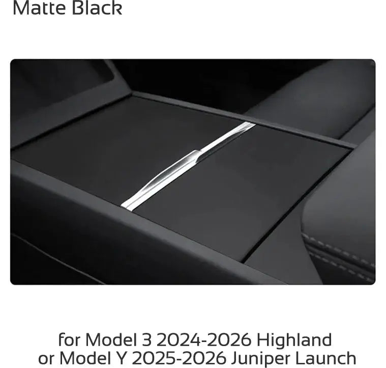 Center console cover protector for Tesla Model 3 2024–2026 Highland or Model Y 2025–2026 Juniper by Simples Market, matte black with silver trim.