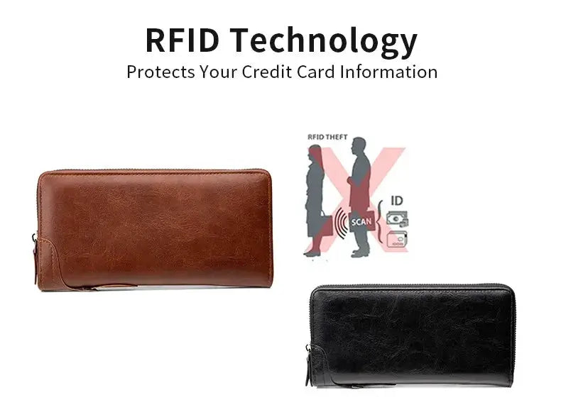 Men's long zipper PU leather wallet; brown and black RFID-blocking wallets (2 shown)
