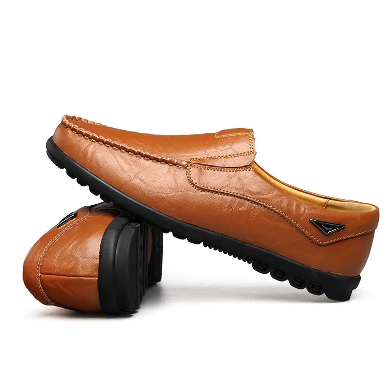 Genuine leather men's slip-on loafers in brown with black rubber soles, two shown