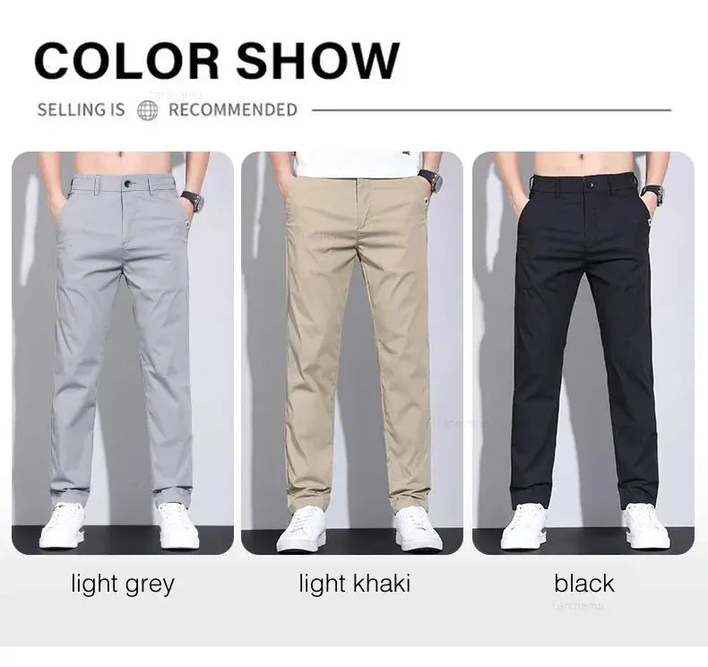 Ultra-thin elastic men's casual pants by Simples Market in light grey, light khaki and black; ice silk cotton, slim straight trousers.