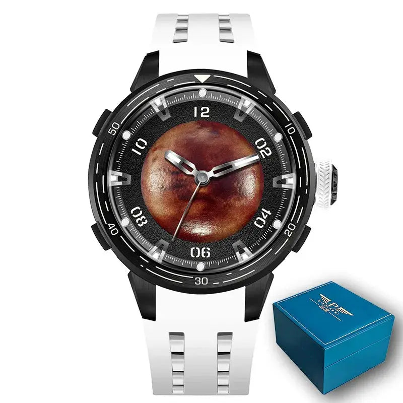 PINDU Design Planet Series men's watch with white silicone strap, black case and brown textured dial