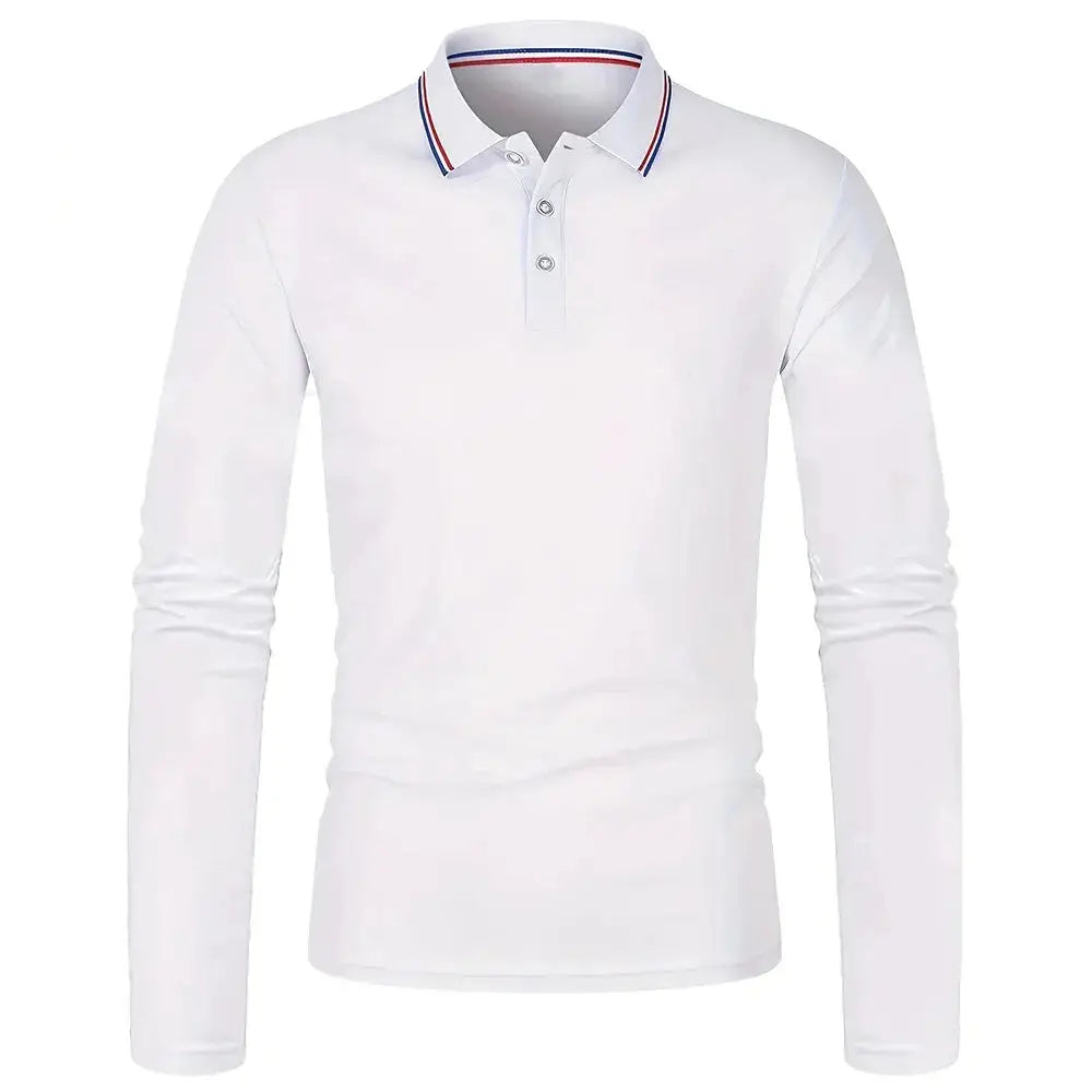 Men's white long-sleeve polo shirt with red-blue striped collar, Simples Market