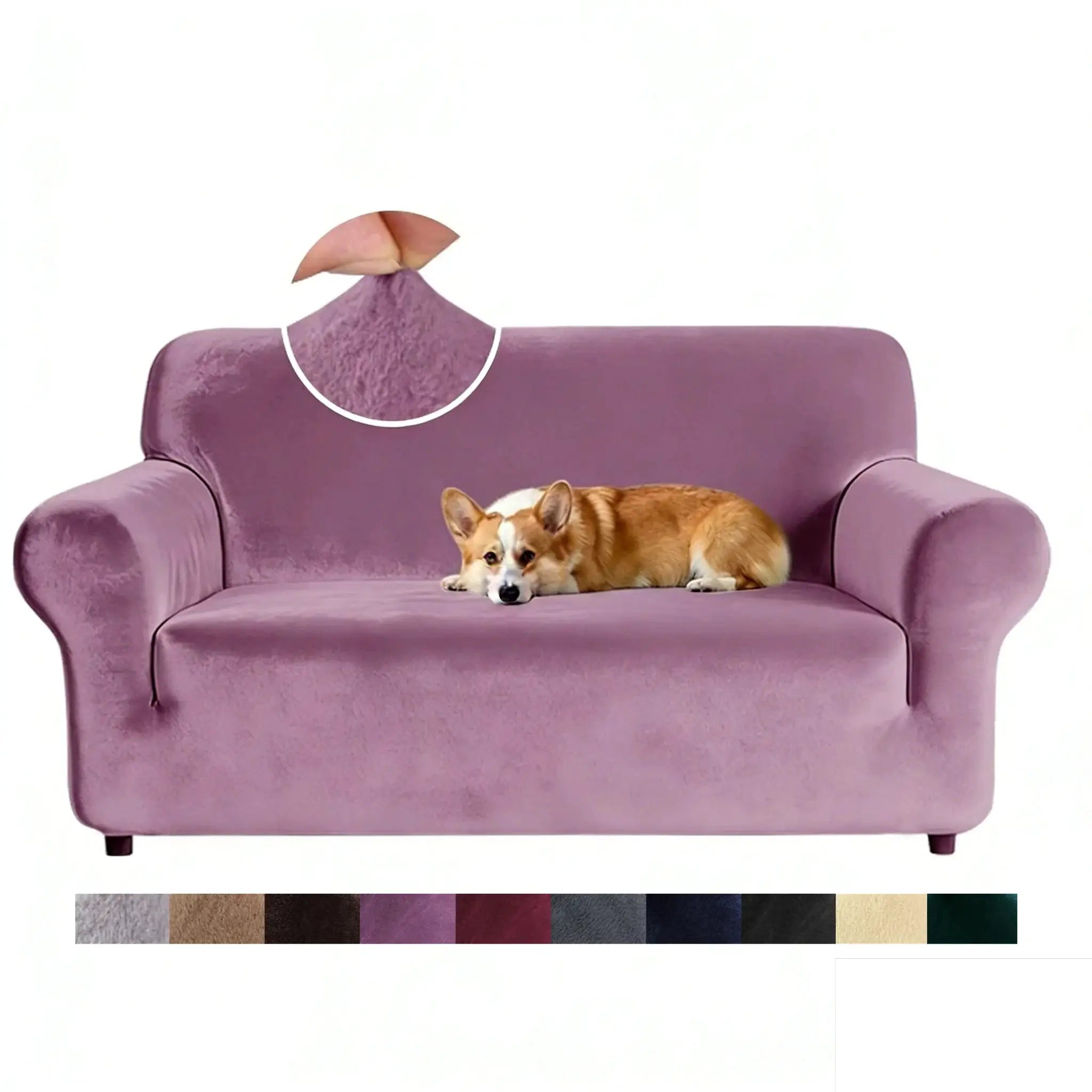 Simples Market velvet sofa cover in purple on a plush sofa with two dogs resting