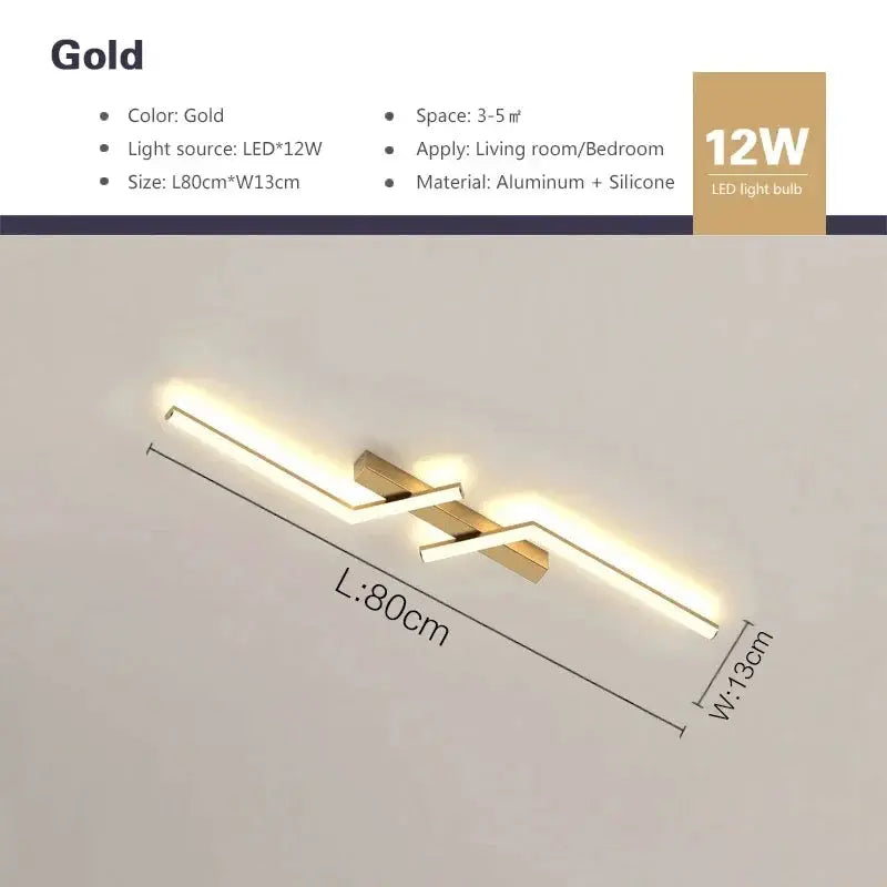 Modern LED ceiling light in gold finish, 80cm long.