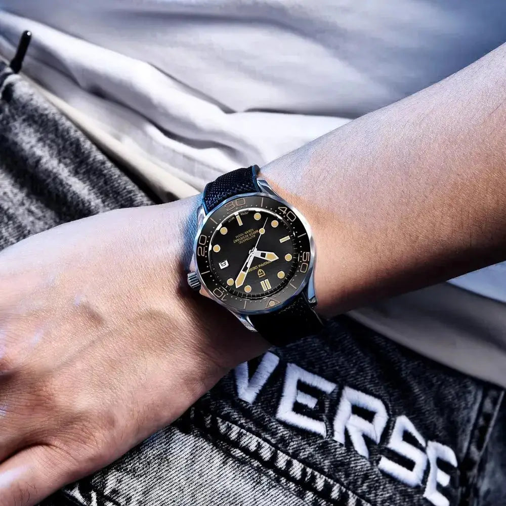 Pagani Design 007 men's wristwatch with black dial, gold indices, steel case and black strap