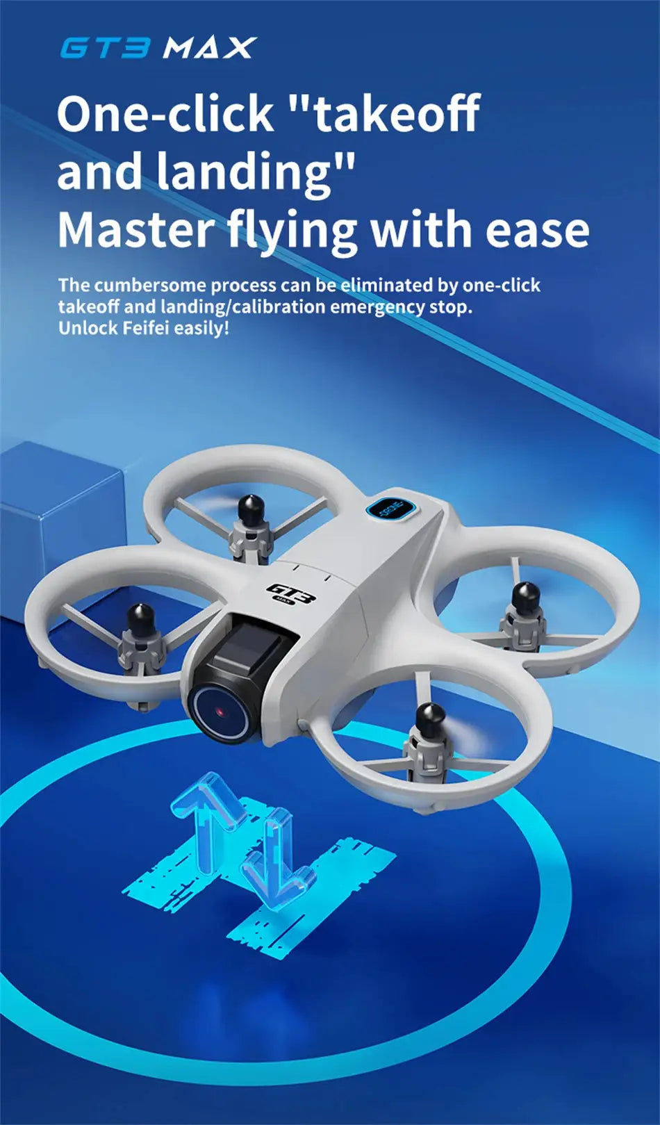 GT3 MAX drone by Simples Market; white quadcopter with circular prop guards and front camera
