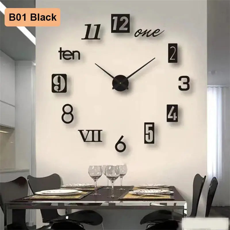Soundless 90–120cm 3D number wall clock by Simples Market, black numerals on white wall, modern living room decor.