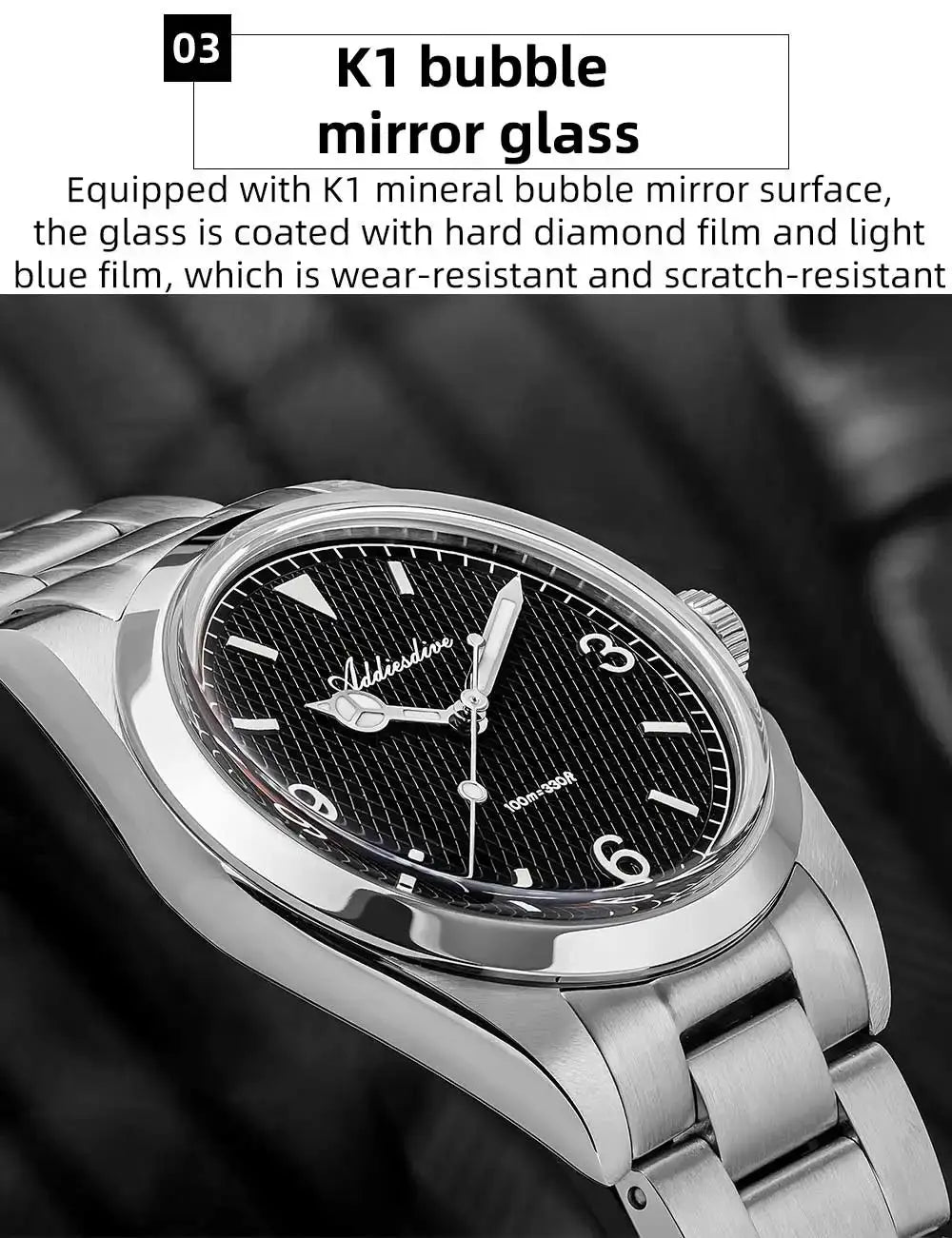 Addiesdive analog men's watch with stainless steel bracelet, bubble mirror glass, 100m water resistant