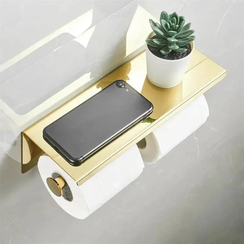 HaloHome Multifunctional Toilet Paper Holder With Shelf Wall Mounted Double Roll Towel Holder Gold Finish