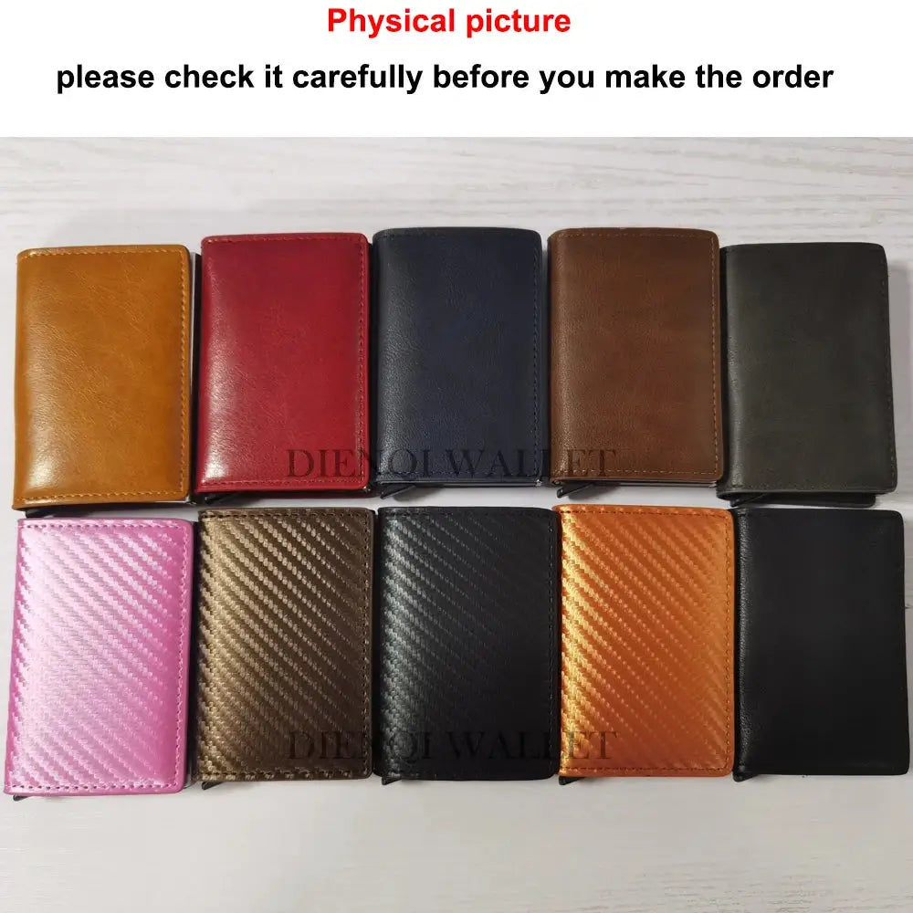 Anti-theft RFID card holder wallets set of 10 in assorted colors with carbon-textured finishes.