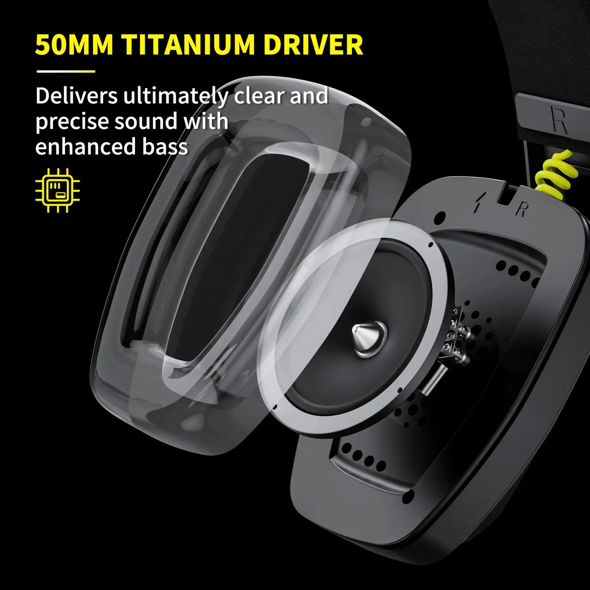 BINNUNE BW06 wireless gaming headset with mic by Simples Market; 50mm titanium driver close-up illustration