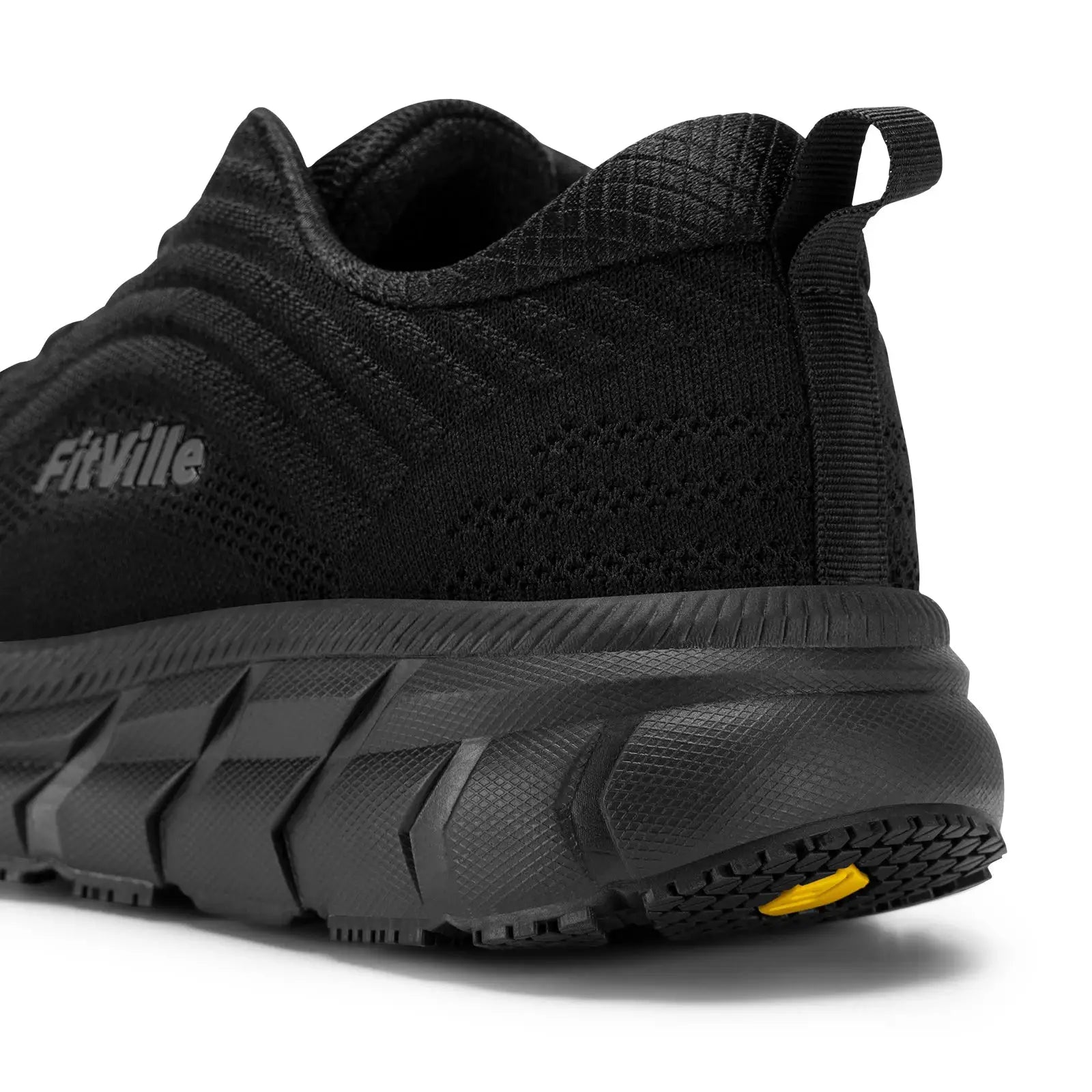 FitVille men's black wide-toe-box running shoe with cushioned sole and rugged outsole