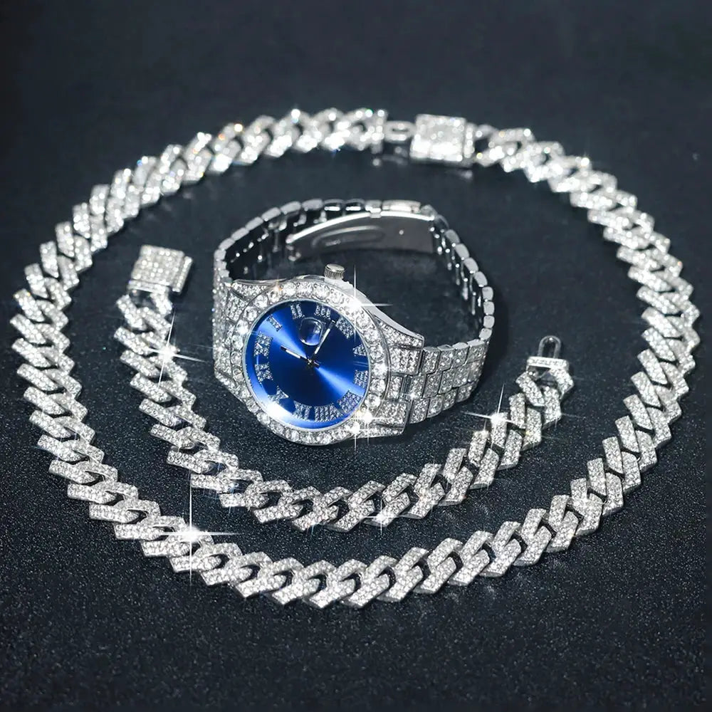 UrbanPulse Mens Hip Hop Silver Watch Set With Diamond Inlay Cuban Chain And Bracelet Adjustable Gift