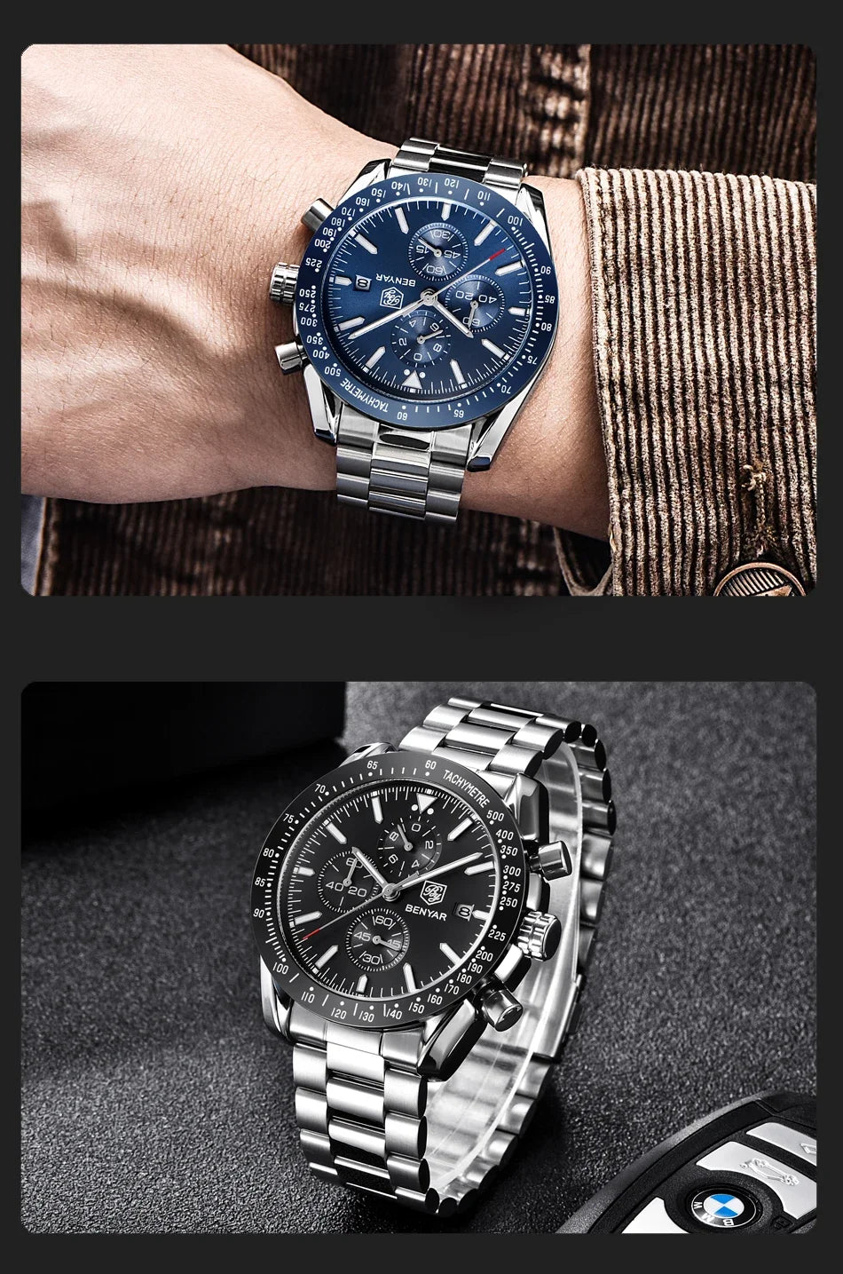 Men's BENYAR stainless steel watches set; blue chronograph dial and black tachymeter dial, two-piece, full steel band