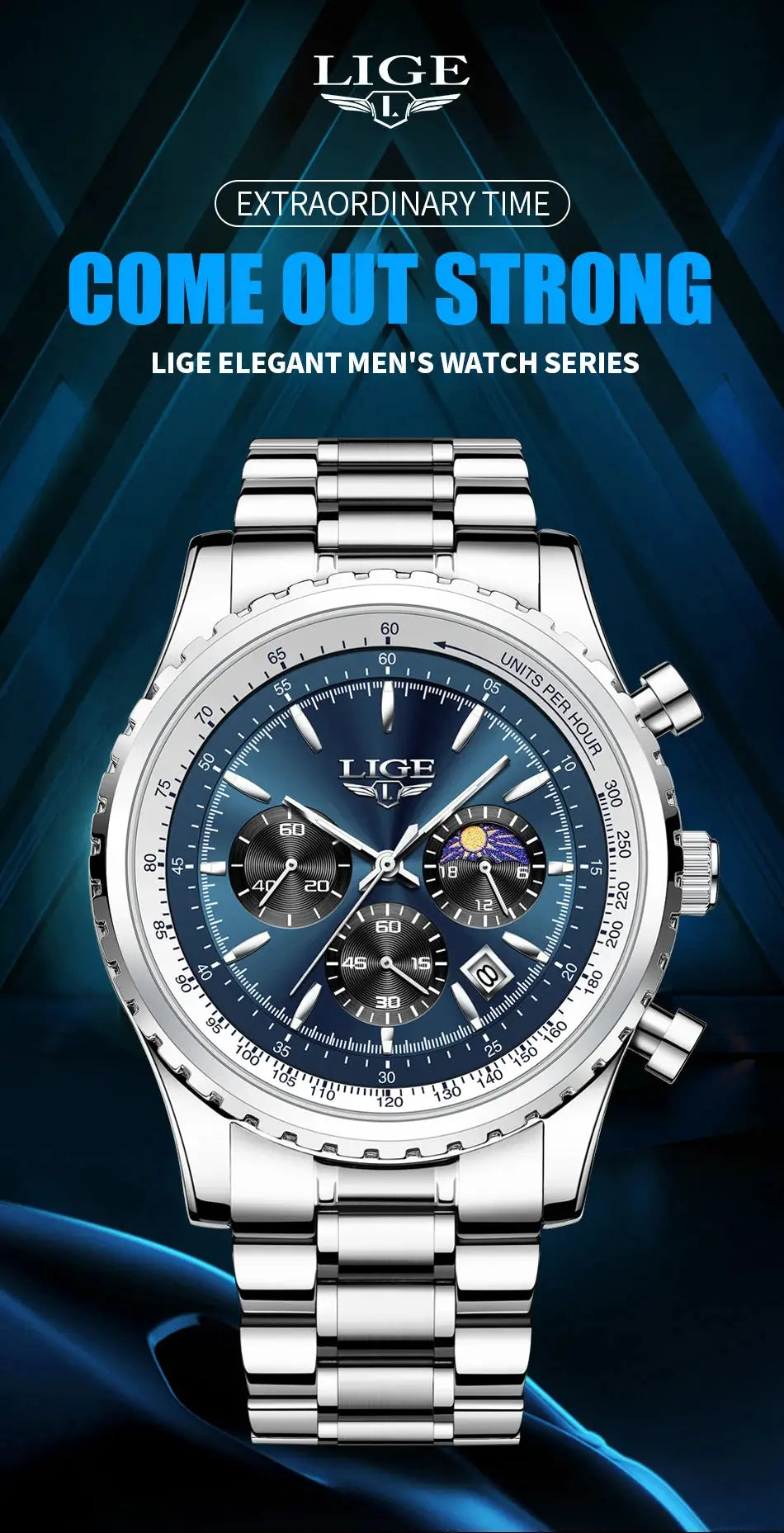 LIGE men's stainless steel chronograph wristwatch with blue dial, three subdials, and date window.