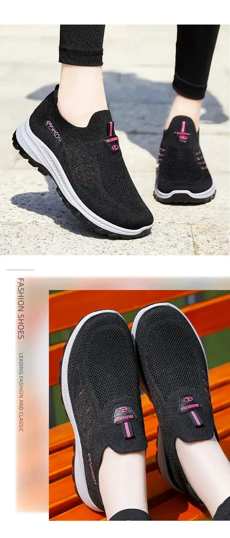 Pair of Simples Market men's black breathable knit athletic shoes, slip-on with pink accents and white sole