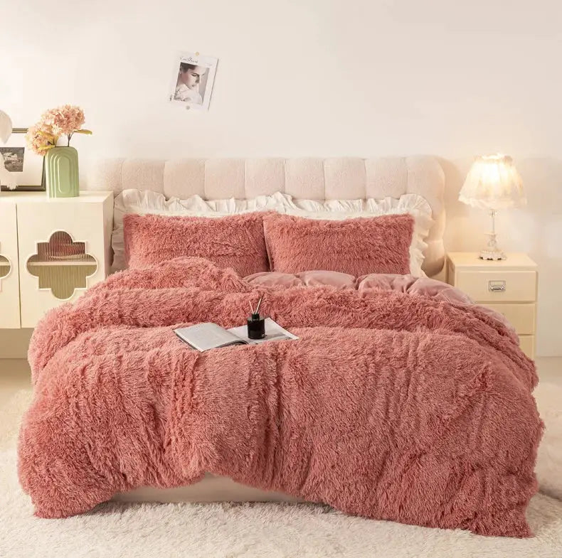3-Piece Luxurious Plush Duvet Cover Set in pink; fluffy, cozy bedding by Simples Market