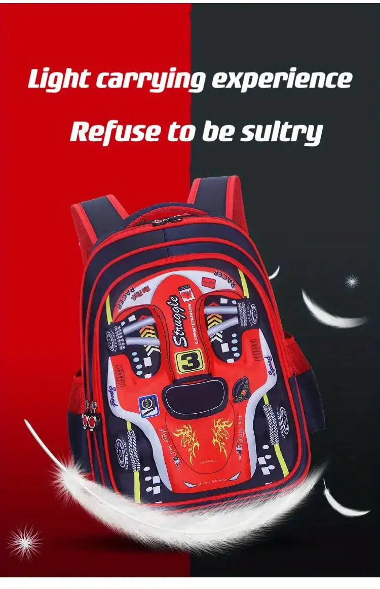 Kids' waterproof 3D car backpack, red and blue with racing car print