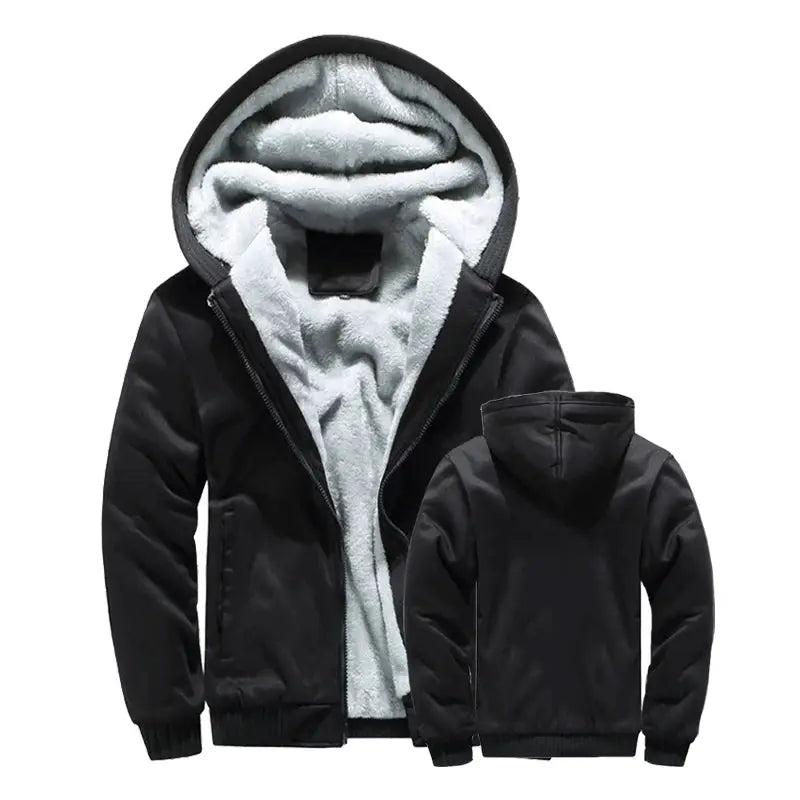 Men's black hooded winter jacket with thick gray fleece lining