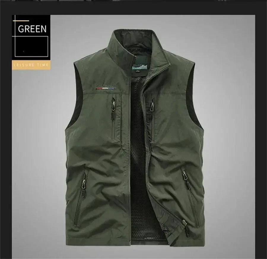 Sleeveless green cargo vest with multiple zip pockets for outdoor use