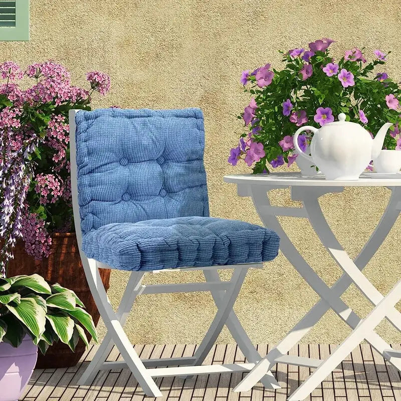 Tufted blue seat cushion for patio dining chairs, thick square 50x50cm.