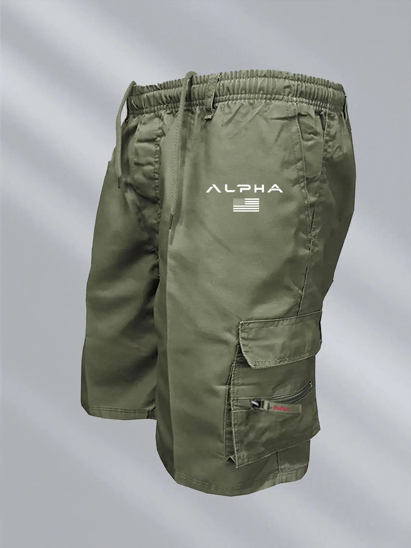 Men's olive green cargo shorts with large pockets, cargo panels, and drawstring waist; ALPHA logo.