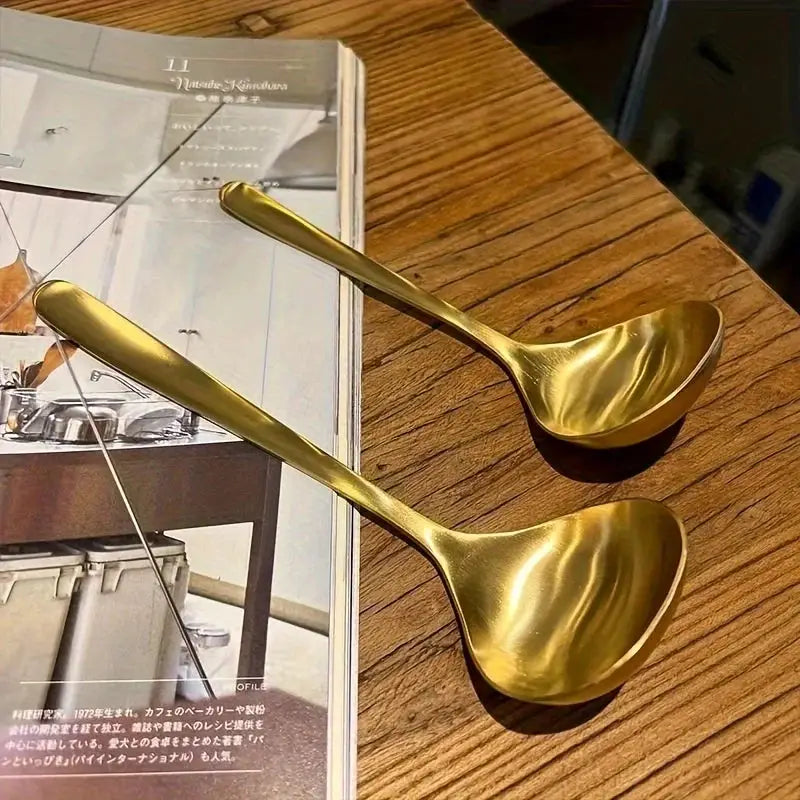2 Pcs Golden Stainless Steel Large Spoons For Hot Pot Soup And Porridge With Long Handles Elegant Kitchen Utensils