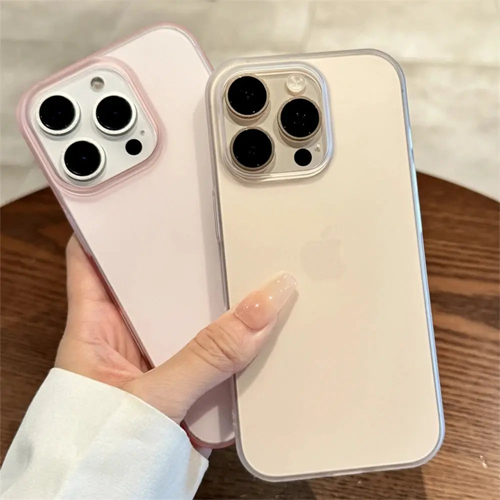 Soft matte candy transparent iPhone case, 2-pack with pink and beige edges, shockproof silicone bumper.